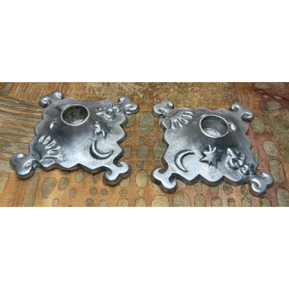 Celestial Candlestick Set Aluminum Metal Candle Holder Crown Heart Moon Stars